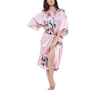 Roobees Women's Satin Rose Print Kimono Robe Premium Peacock Bridesmaid Bridal Dressing Gown Sleepwear Nightwear