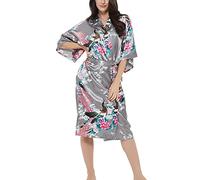 Roobees Women's Satin Rose Print Kimono Robe Premium Peacock Bridesmaid Bridal Dressing Gown Sleepwear Nightwear