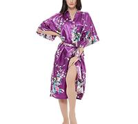 Roobees Women's Satin Rose Print Kimono Robe Premium Peacock Bridesmaid Bridal Dressing Gown Sleepwear Nightwear