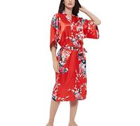 Roobees Women's Satin Rose Print Kimono Robe Premium Peacock Bridesmaid Bridal Dressing Gown Sleepwear Nightwear
