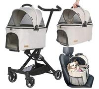 ROODO 3 in 1 Dog Stroller Folding Lightweight Pet Stroller for Small Dogs Cat Stroller w/Detachable Carrier&Car Seat,Best Puppy Kitty Travel Pet Gear All Terrain Cat Stroller for 2 Cats(Light Khaki)