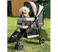 ROODO 4 Wheel Dog Cat Pet Stroller Best Lightweight Foldable Compact Portable Jogger All Terrain Travel Pet Gear Puppy Doggie Bunny Kitty Stroller for up to 30lbs Medium Small Dogs Cats(Light Khaki)