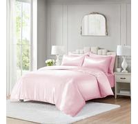 ROOEE 10 Piece Satin Silk Complete Bedding Set - Luxury Satin Duvet Cover, Silky Fitted Sheet with Matching Pillowcases, Sleep Mask, Hair Accessories & Storage Pouch (Baby Pink, Double)