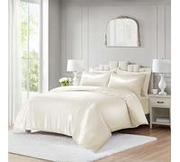 ROOEE 10 Piece Satin Silk Complete Bedding Set - Luxury Satin Duvet Cover, Silky Fitted Sheet with Matching Pillowcases, Sleep Mask, Hair Accessories & Storage Pouch (Cream, Super King)