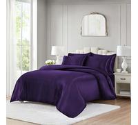 ROOEE 10 Piece Satin Silk Complete Bedding Set - Luxury Satin Duvet Cover, Silky Fitted Sheet with Matching Pillowcases, Sleep Mask, Hair Accessories & Storage Pouch (Aubergine, Super King)