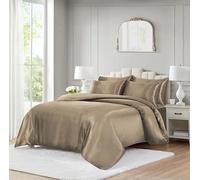 ROOEE 10 Piece Satin Silk Complete Bedding Set - Luxury Satin Duvet Cover, Silky Fitted Sheet with Matching Pillowcases, Sleep Mask, Hair Accessories & Storage Pouch (Mink, Double)