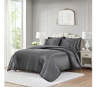 ROOEE 10 Piece Satin Silk Complete Bedding Set - Luxury Satin Duvet Cover, Silky Fitted Sheet with Matching Pillowcases, Sleep Mask, Hair Accessories & Storage Pouch (Silver, Single)