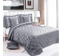 ROOEE 5pcs Luxurious Quilted Bed Spread - Bedding Sets with Super Soft Micro Fibre - Premium Bundle with Bedspread, Oxford Pillow Covers, Cushion Covers - With Crushed Velvet. [ Colour Silver ]