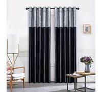 ROOEE Crushed Velvet Faux Silk Curtains - Eyelet Ring Top and Fully Lined (Black Silver, 46" Wide x 54" Drop)