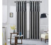 ROOEE Crushed Velvet Faux Silk Curtains - Eyelet Ring Top and Fully Lined (Charcoal Grey, 66" Wide x 90" Drop)