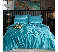 ROOEE Satin Silk Complete Bedding Set - 4 PCS - Fitted sheet, Duvet Cover, 2 Pillow Cases. Color - Teal Size - Single