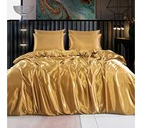 ROOEE Satin Silk Complete Bedding Set - 6 PCS - Fitted sheet, Duvet Cover, 4 Pillow Cases. Color - Dull-Gold Size - Single