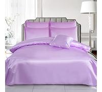 ROOEE Satin Silk Complete Bedding Set - 6 PCS - Fitted sheet, Duvet Cover, 4 Pillow Cases. Color - Lilac Size - Super King
