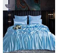 ROOEE Satin Silk Complete Bedding Set - 6 PCS - Fitted sheet, Duvet Cover, 4 Pillow Cases. Color - Sky Size - Super King