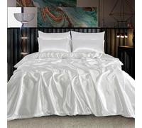 ROOEE Satin Silk Complete Bedding Set - 6 PCS - Fitted sheet, Duvet Cover, 4 Pillow Cases. Color - White Size - Single