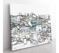 Rooftop View of Gran Canaria Sketch Modern Canvas Wall Art Print Ready to Hang, Framed Picture for Living Room Bedroom Home Office Décor, 35x35 cm (14x14 Inch)