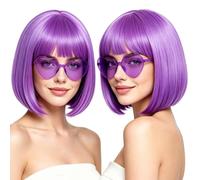 rookea 2 Pieces Light Purple Short Bob Wig with Fringe for Women Girls Neon Bobs Colorful Party Wigs with Heart Sunglasses for Cosplay Hen Night Costume Party Carnival Musical