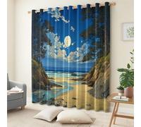 Room Blackout Curtains Hand-Painted Coastal Beach Moon, Super Soft Thermal Insulated Blue Printed Eyelet Darkening Curtain - 2 Panel Drapes for Living Room Bedroom 55.1" x 102.4" (W x L)