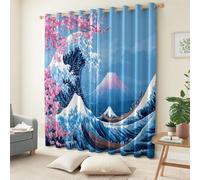 Room Blackout Curtains Japan Kanagawa Mount Fuji Flowers, Super Soft Thermal Insulated Blue Printed Eyelet Darkening Curtain - 2 Panel Drapes for Living Room Bedroom 66.1" x 72.0" (W x L)