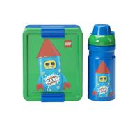 Room Copenhagen Lego Lunch Set - Firework Guy Design, Fun & Functional 390ml Bottle & Lunch Box for Kids & Adults, Dishwasher Safe, for Meals on The Go, Green & Blue