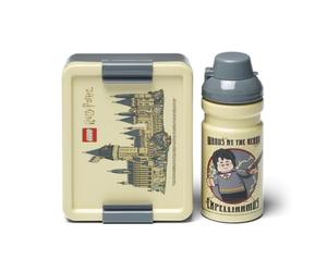Room Copenhagen Lego Lunch Set - Harry Potter Hogwarts Design, 390ml Bottle & Lunch Box for Kids & Adults, Dishwasher Safe, Perfect for Meals on The Go, Beige & Grey