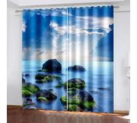 Room Curtains, Window Curtains Classroom Blue Green Scenery Stones and Sky Polyester 2 Panels 80x96inch