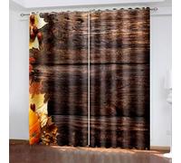 Room Darkening Curtains Boho, Chic Curtains Dark Brown Wooden Board and Maple Leaf Pattern Polyester 2 Panels 108x90inch