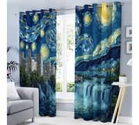 Room Darkening Curtains - Classic Oil Painting Eyelet Drapes with Starry Sky Architecture Pattern, 72 Inch Drop, 95% Darken Light Curtain for Living Room Office, Navy Blue - W 66" x L 72" Two Panel