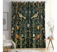 Room Darkening Curtains W 66" x L 72" (2 Panels), William Morris Flowers Birds, Thermal Eyelet Drapes for Standard Bedroom and Lounge, Dark Green