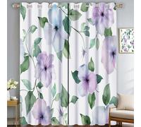 Room Darkening Curtains Watercolor Morning Glory 2 Panels For Living Room Thermal Insulated Blackout Drapes With Country Garden For Bedroom, Grommet Top (W34"Xl54", Green And White)