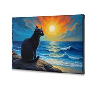 Room Decor A Black Cat Sits On Rocks, Gazing At A Vibrant Sunset Over The Ocean. Canvas Decorative Picture Spring Decor Easter Decorations(30x40cm)