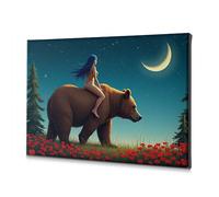 Room Decor A Woman Rides A Bear Through A Field Of Red Flowers Under A Crescent Moon. Canvas Decorative Picture Spring Decor Easter Decorations(20x30cm)