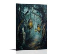 Room Decor Hanging Paintings Wall Art, Mystical Dark Forest Enchanted Print, Fantasy Moonlit Landscape Haunted Design, Spooky Fairy Tale Themed Wall Decoration 08x12inch(20x30cm)