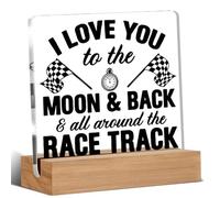 Room Decor - Racing Checkered Flags Decor Gifts for Boy Kids, Bedroom Decor, I Love You To The Moon And Back And All Around The Race Track Acrylic Bedroom Home Signs Decorations 4 x 4 Inches