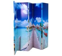 Room divider 200 x 170 cm Blue PVC beach print on solid fir wood folding screen