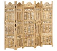 Room Divider 200x165 cm Solid Mango Wood Light Brown Hand-Carved 5-Panel Privacy