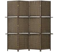 Room Divider 4-Panel Folding Wood Wicker Brown with Built-In Shelves with Retro