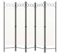 Room Divider 5-Panel White Polyester Fabric w/ Powder-Coated Iron 200x180cm Top