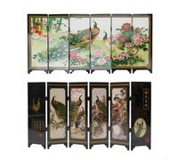 Room Divider 6 Panel Wood Folding Partition Screen with Peacock Pattern, Suitable for Home and Office Use