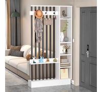 Room Divider, Floor to Ceiling Wood Partition with Coat Rack Cabinet, Privacy Screen for Entrance Hall and Living Spaces