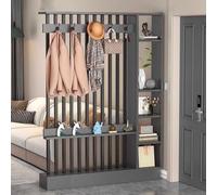 Room Divider, Floor to Ceiling Wood Partition with Coat Rack Cabinet, Privacy Screen for Entrance Hall and Living Spaces