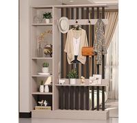 Room Divider, Floor to Ceiling Wood Partition with Coat Rack Cabinet, Privacy Screen for Entrance Hall and Living Spaces