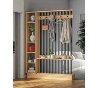 Room Divider, Floor to Ceiling Wood Partition with Coat Rack Cabinet, Privacy Screen for Entrance Hall and Living Spaces