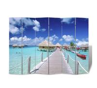 Room Divider Folding Screen 217x170cm Blue Beach Print PVC Panels Solid Fir Home
