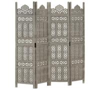 Room Divider Grey 160x165cm Solid Mango & MDF Hand Carved 4-Panel Folding Screen