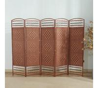 Room Divider Screen, 5 Panel Vintage Straw Woven Privacy Partition for Apartment, Bedroom, Classroom, Heavy Duty Wood Base, 200cm x 170cm, Coffee Color