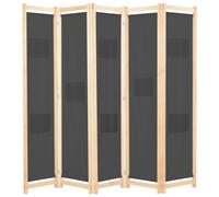 Room divider screen Grey 5-panel wide a 200x170x4 cm fabric solid fir wood frame