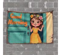 Room Door Decor Happy Girl in Yellow Dress with Flower Crown Peeking Through Door Tapestry Home Bar Decor Home Bar Decor(100X150CM)