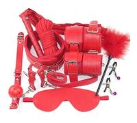 Room Of Doom - 'The Boss' 10 Pcs BDSM Leather Bondage for Beginners Kit, Adjustable Bed Restraints, Blindfold, Nipple Clamps, Fetish Whip, Ball Gag, Furry Handcuffs - Kinky Adult Sex Toy Set (Red)