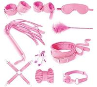 Room Of Doom - 'The Boss' 10 Pcs BDSM Leather Bondage for Beginners Kit, Adjustable Bed Restraints, Blindfold, Nipple Clamps, Fetish Whip, Ball Gag, Furry Handcuffs - Kinky Adult Sex Toy Set (Pink)